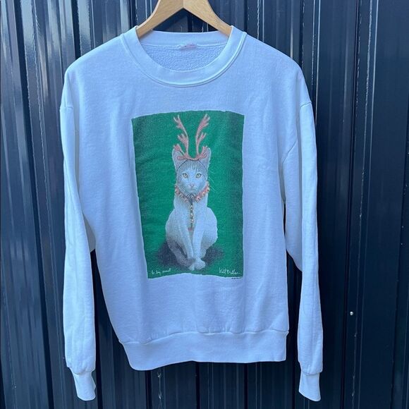 Will Bullas Sweaters - Vintage 90s Will Bullas White Christmas Cat Antlers Graphic Sweatshirt Pullover